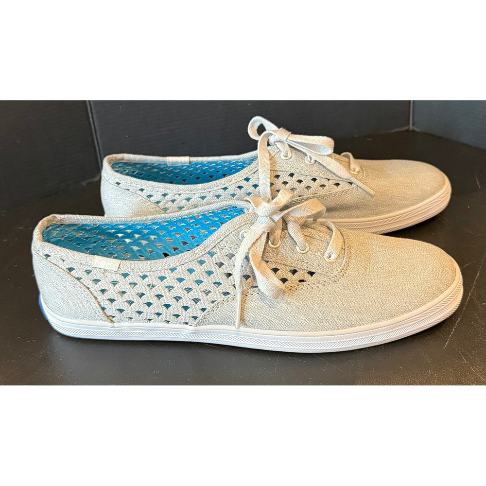 Keds Womens 8 Sneakers Light Gray Eyelet Laser Cut Canvas Lace Up Preppy Beach
